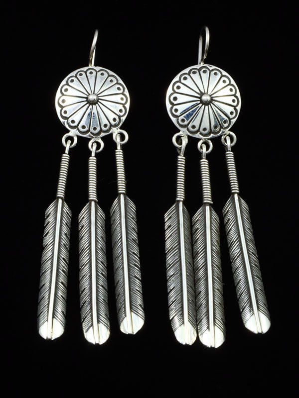 Native American Sterling Silver Basket Feather Dangle Earrings - PuebloDirect.com