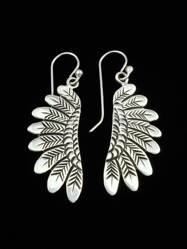 Navajo Sterling Silver Feather Dangle Earrings - PuebloDirect.com