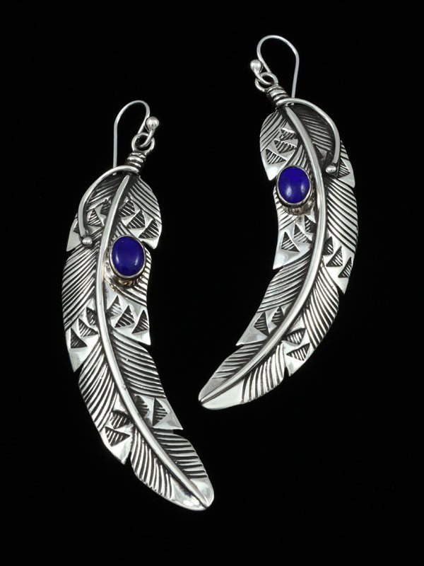 Native American Sterling Silver Lapis Dangle Feather Earrings - PuebloDirect.com