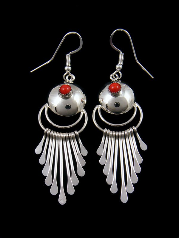 Navajo Sterling Silver Coral Waterfall Dangle Earrings - PuebloDirect.com