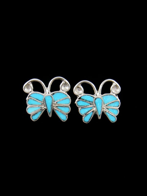 Zuni Inlay Turquoise Butterfly Post Earrings - PuebloDirect.com