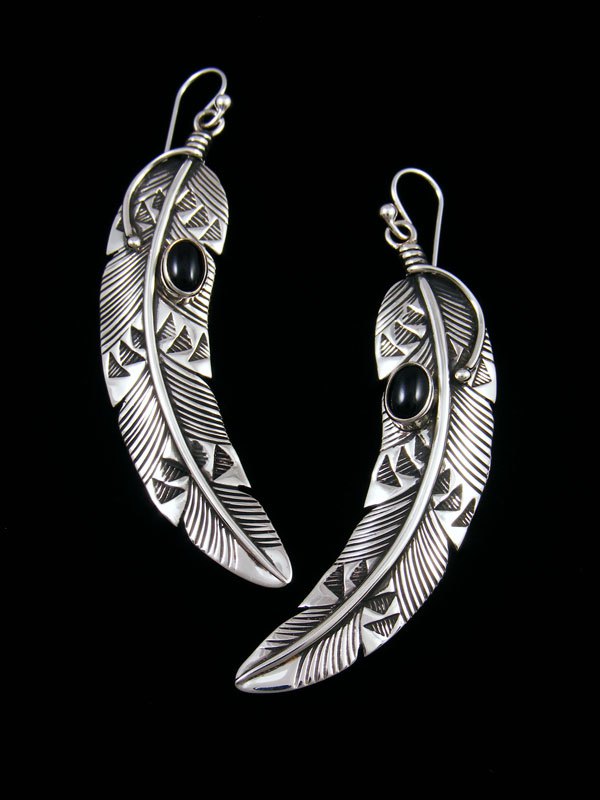 Native American Sterling Silver Onyx Dangle Feather Earrings - PuebloDirect.com