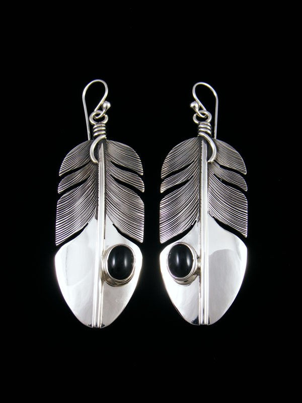 Native American Sterling Silver Onyx Dangle Feather Earrings - PuebloDirect.com