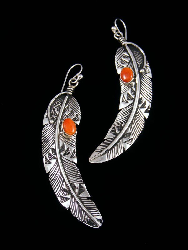 Native American Sterling Silver Spiny Oyster Dangle Feather Earrings - PuebloDirect.com