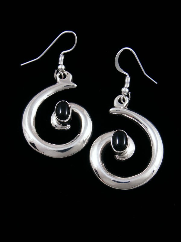 Navajo Onyx Sterling Silver Swirl Dangle Earrings - PuebloDirect.com