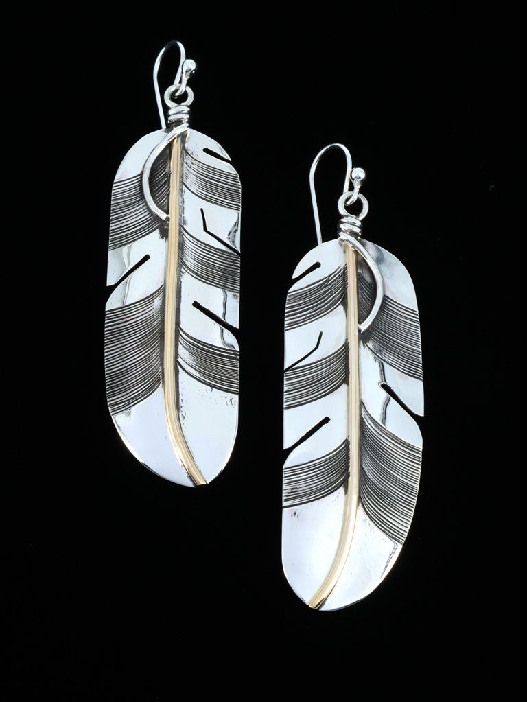 Navajo Sterling Silver and Gold Feather Dangle Earrings - PuebloDirect.com