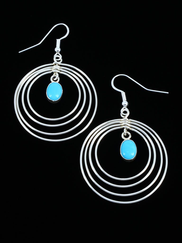 Native American Jewelry Sterling Silver Turquoise Dangle Hoop Earrings - PuebloDirect.com