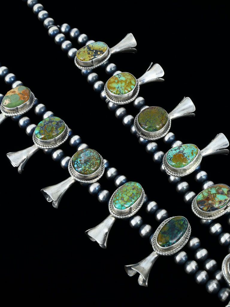 Native American Sterling Silver Sky Horse Turquoise Squash Blossom Necklace Set - PuebloDirect.com