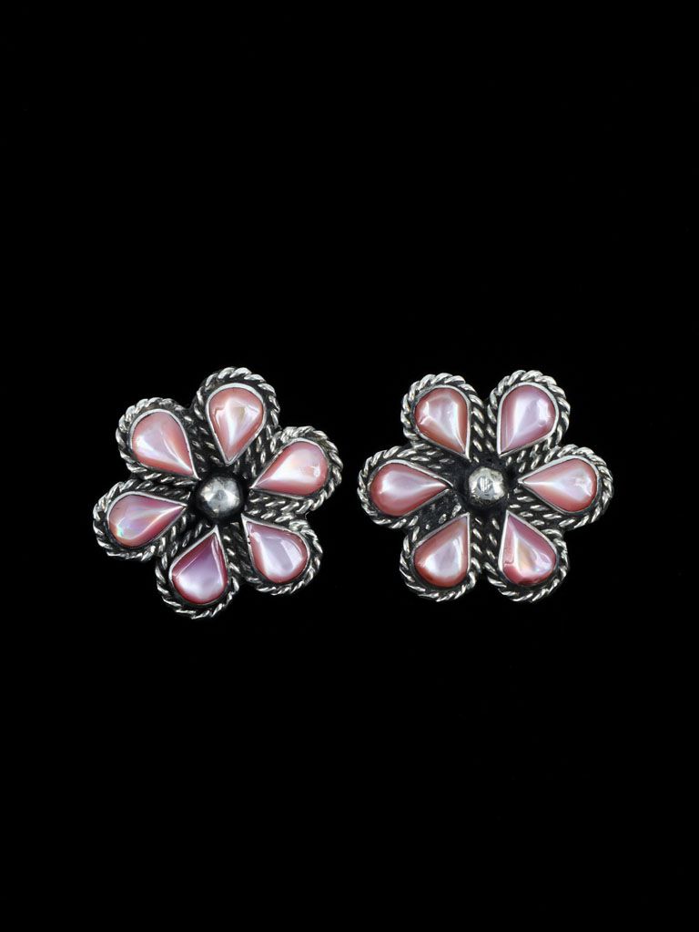 Zuni Sterling Silver Pink Shell Post Flower Earrings - PuebloDirect.com