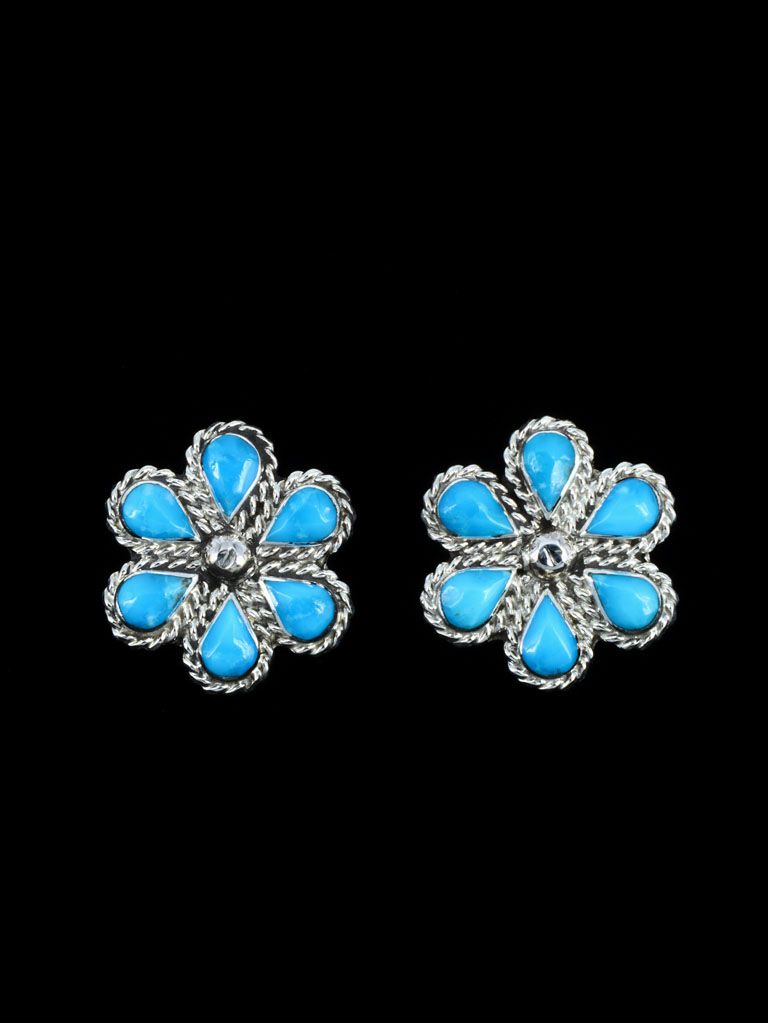 Zuni Sterling Silver Turquoise Post Flower Earrings - PuebloDirect.com
