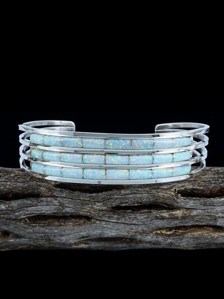 Native American Jewelry Zuni White Opalite Inlay Bracelet - PuebloDirect.com
