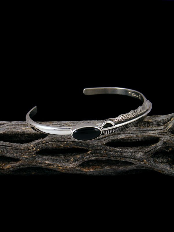 Native American Sterling Silver and Onyx Feather Bracelet - PuebloDirect.com