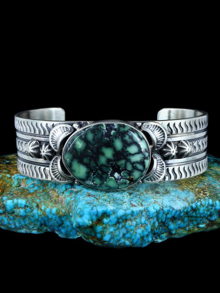 Navajo Natural Sky Horse Turquoise Stamped Cuff Bracelet - PuebloDirect.com