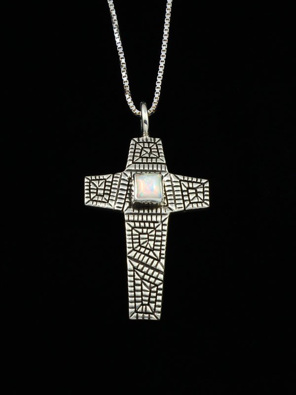 Native American Sterling Silver Opalite Cross Pendant - PuebloDirect.com