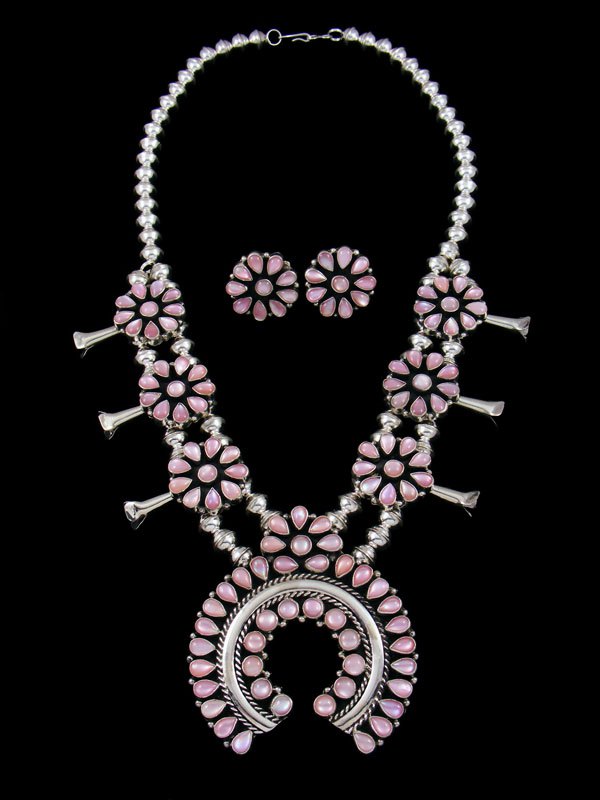 Native American Pink Shell Squash Blossom Necklace and Earrings Set - PuebloDirect.com