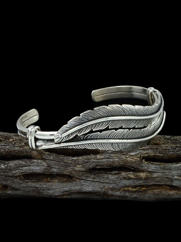 Navajo Sterling Silver Double Feather Cuff Bracelet - PuebloDirect.com
