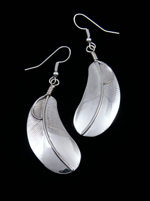 Navajo Sterling Silver Feather Dangle Earrings - PuebloDirect.com