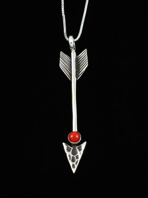 Coral Navajo Arrow Sterling Silver Pendant - PuebloDirect.com
