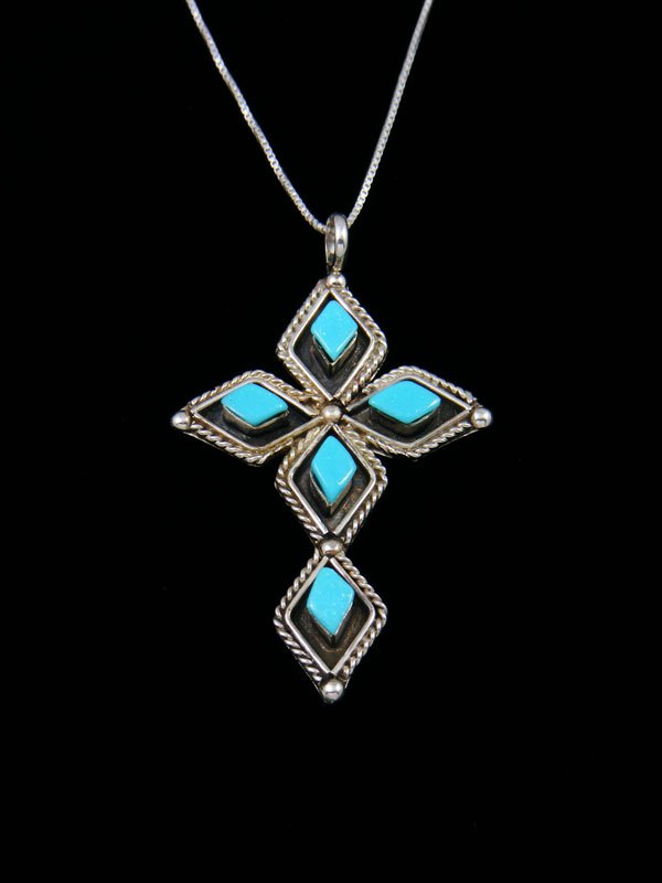Sterling Silver Zuni Turquoise Cross Pendant Necklace - PuebloDirect.com
