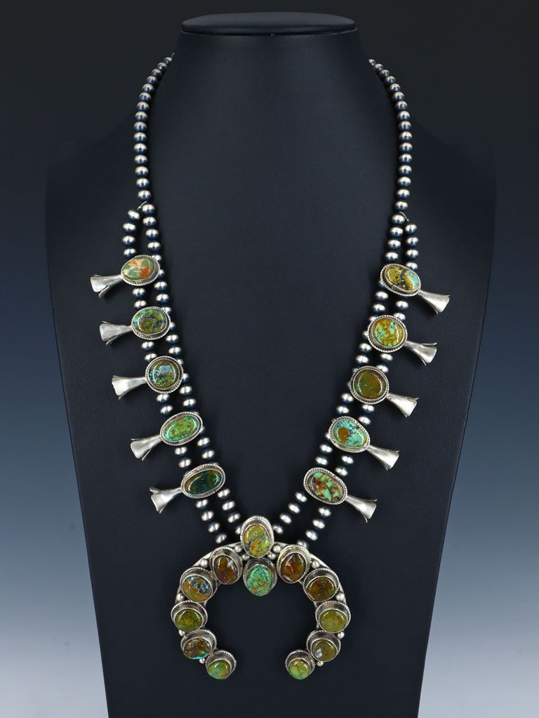 Native American Sterling Silver Sky Horse Turquoise Squash Blossom Necklace Set - PuebloDirect.com