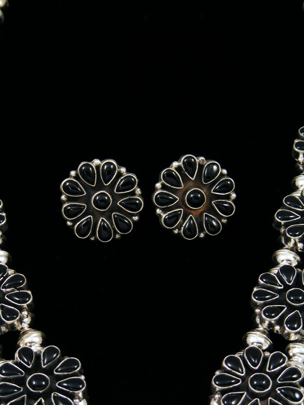 Native American Black Onyx Squash Blossom Necklace and Earrings Set - PuebloDirect.com