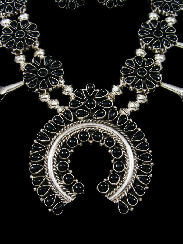 Native American Black Onyx Squash Blossom Necklace and Earrings Set - PuebloDirect.com