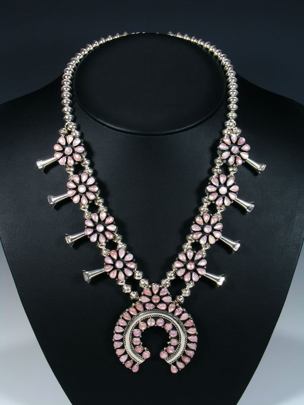 Native American Pink Shell Squash Blossom Necklace and Earrings Set - PuebloDirect.com