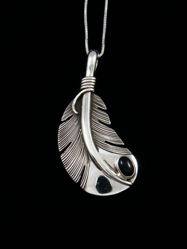 Native American Sterling Silver Onyx Feather Pendant - PuebloDirect.com