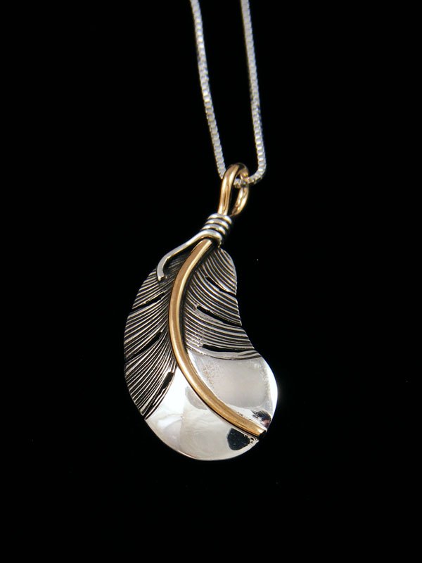 Native American Sterling Silver and 12kt Gold Feather Pendant - PuebloDirect.com