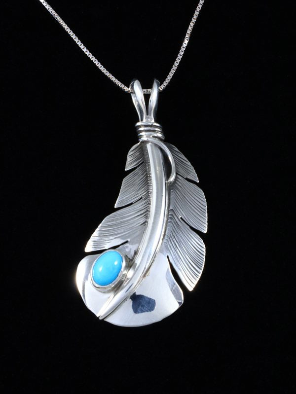 Native American Sterling Silver Turquoise Feather Pendant - PuebloDirect.com