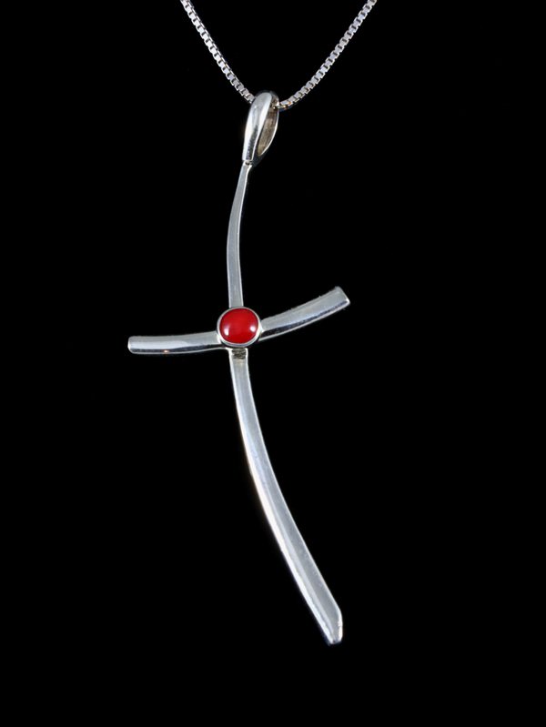 Native American Jewelry Sterling Silver Coral Cross Pendant - PuebloDirect.com