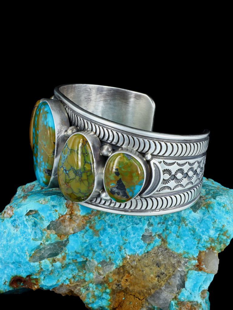 Native American Blue Moon Turquoise Stamped Cuff Bracelet - PuebloDirect.com