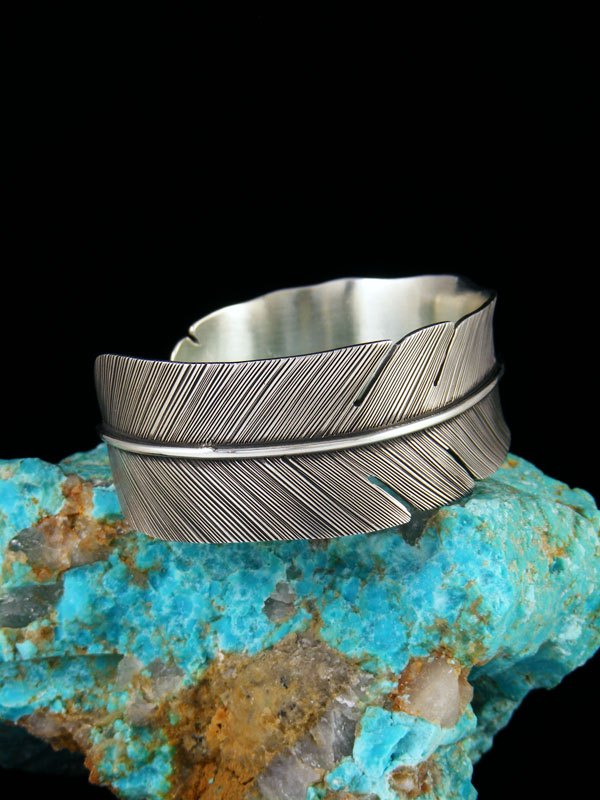 Navajo Sterling Silver Feather Cuff Bracelet - PuebloDirect.com