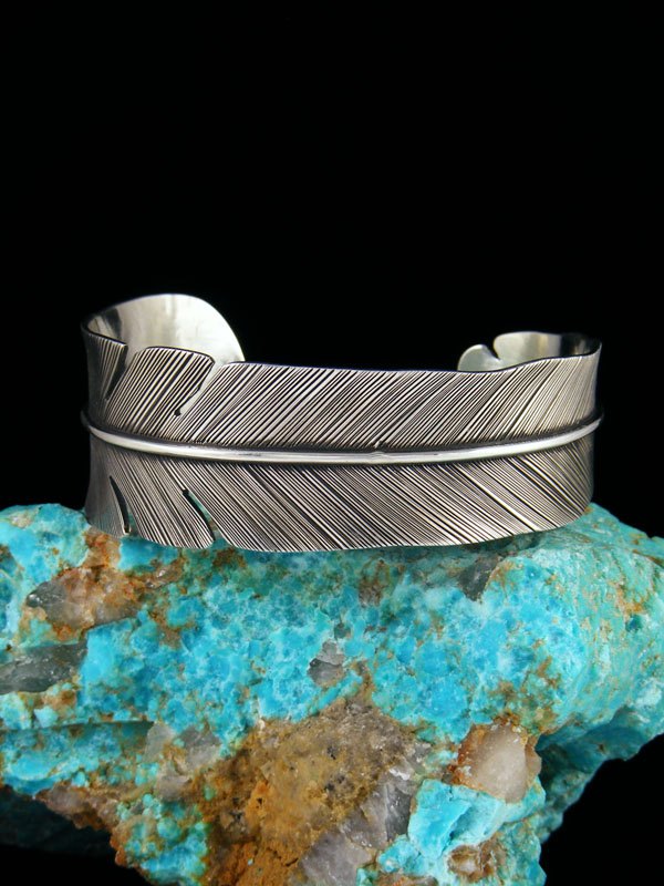 Navajo Sterling Silver Feather Cuff Bracelet - PuebloDirect.com