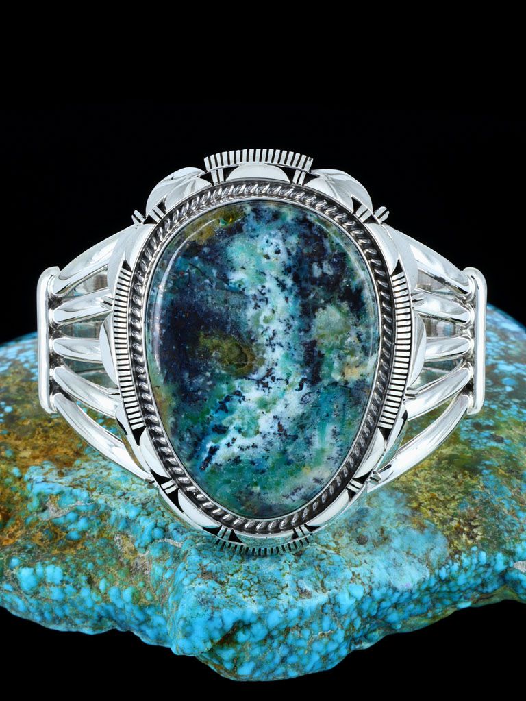 Native American Blue Opalized Petrified Wood Sterling Silver Cuff Bracelet - PuebloDirect.com