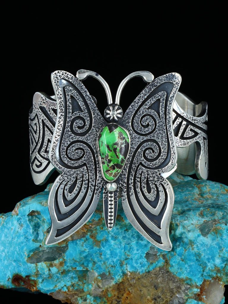 Navajo Carico Lake Turquoise Butterfly Sterling Silver Cuff Bracelet - PuebloDirect.com