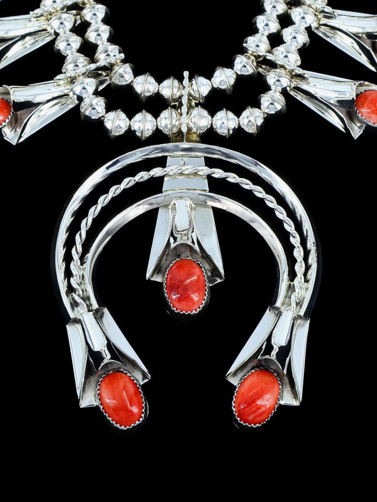 Navajo Spiny Oyster Sterling Silver Squash Blossom Necklace - PuebloDirect.com