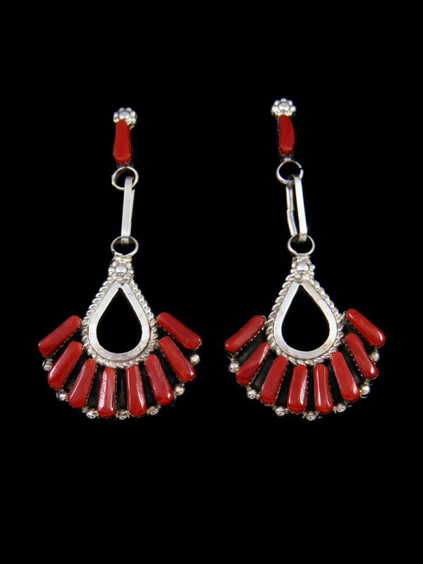 Sterling Silver Zuni Coral Post Earrings - PuebloDirect.com