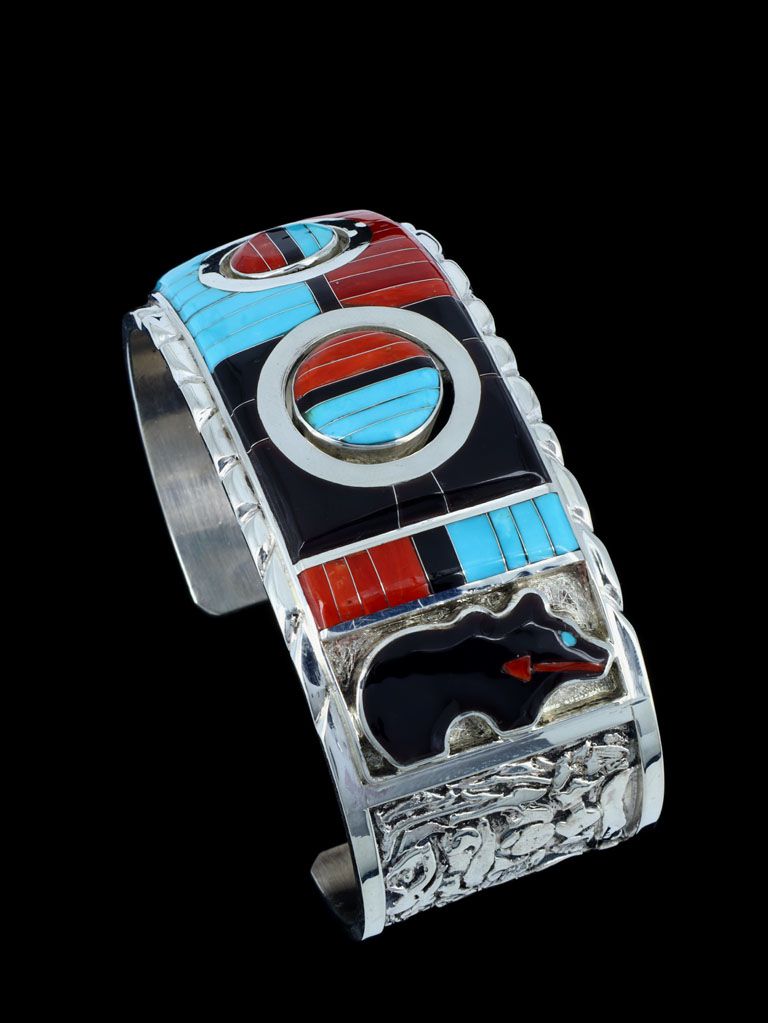 Sterling Silver Zuni Turquoise and Coral Inlay Sunface Bracelet - PuebloDirect.com