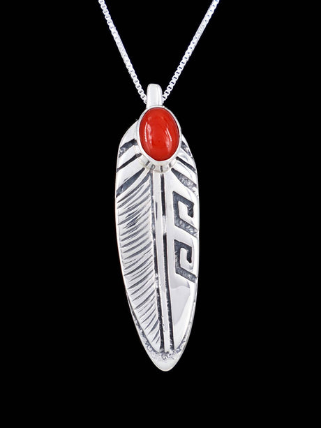 Navajo Sterling Silver Coral Feather Pendant - PuebloDirect.com