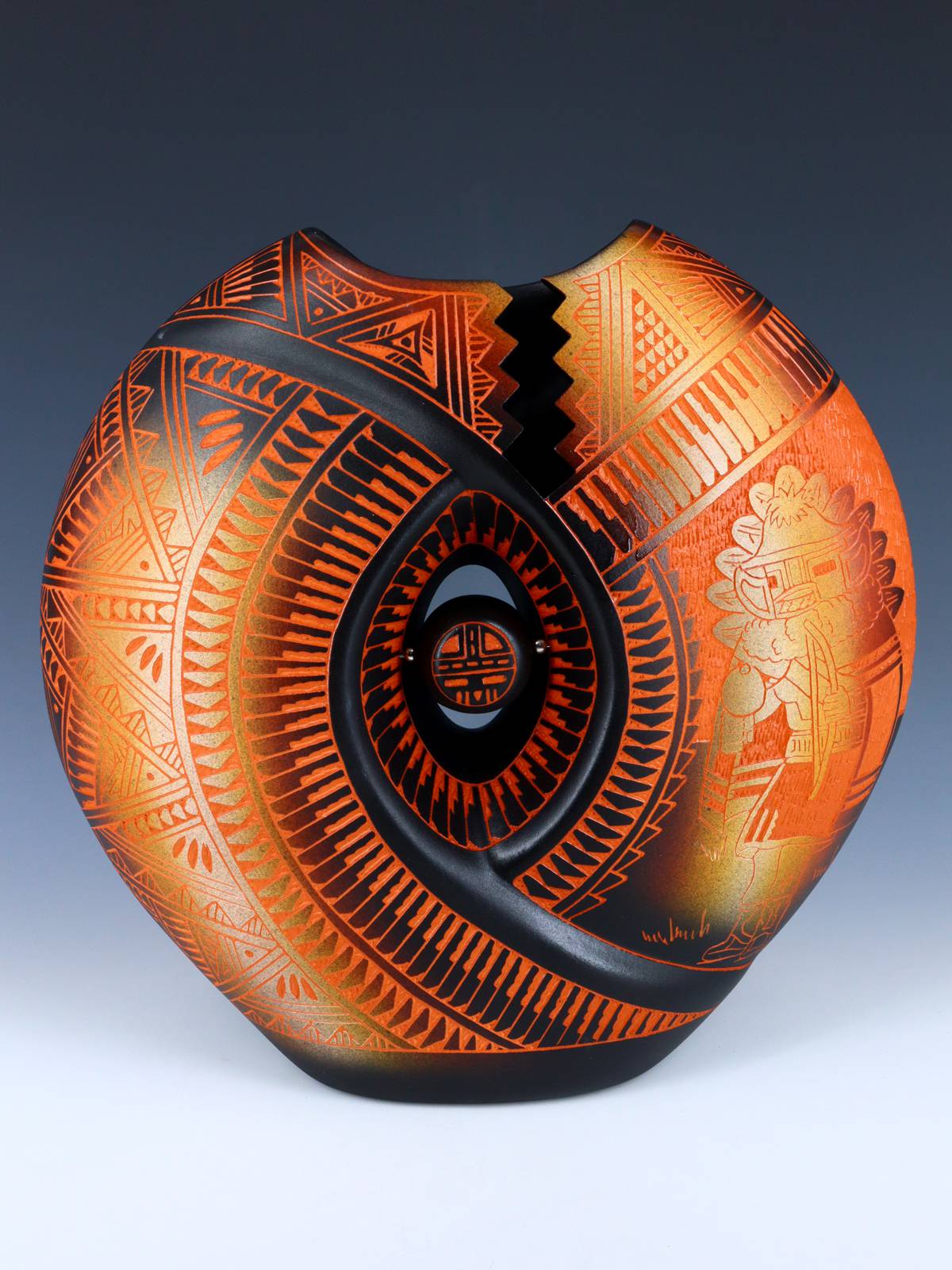 Acoma Pueblo Etched Kachina Dancer Pillow Pot - PuebloDirect.com