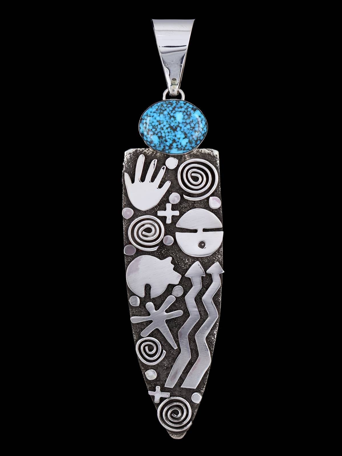 Navajo Sterling Silver and Kingman Turquoise Petroglyph Pendant - PuebloDirect.com