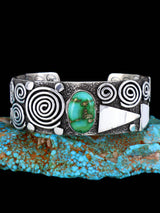 Navajo Sterling Silver Sonoran Gold Turquoise Petroglyph Cuff Bracelet - PuebloDirect.com