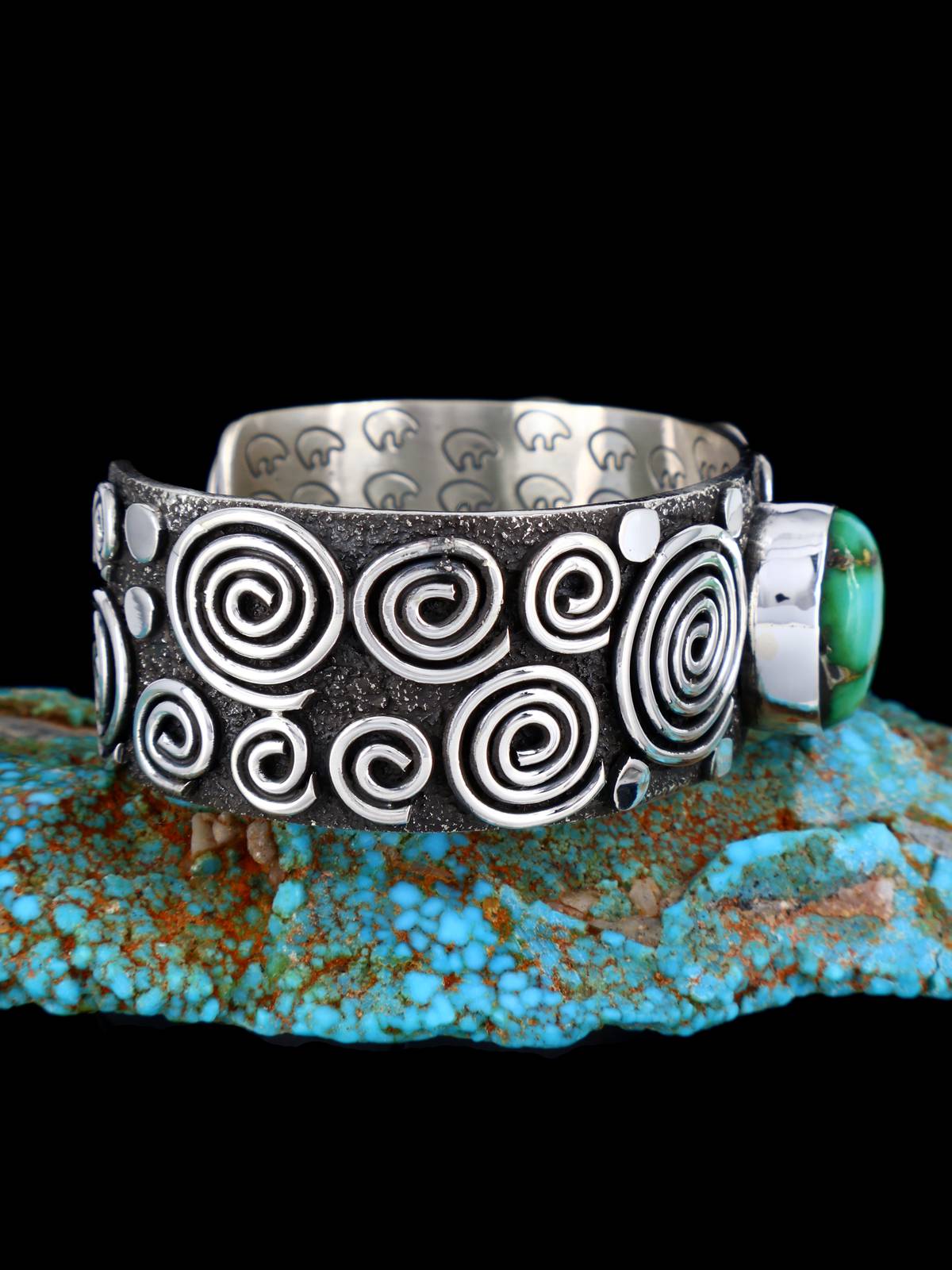 Navajo Sterling Silver Sonoran Gold Turquoise Petroglyph Cuff Bracelet - PuebloDirect.com
