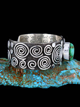 Navajo Sterling Silver Sonoran Gold Turquoise Petroglyph Cuff Bracelet - PuebloDirect.com