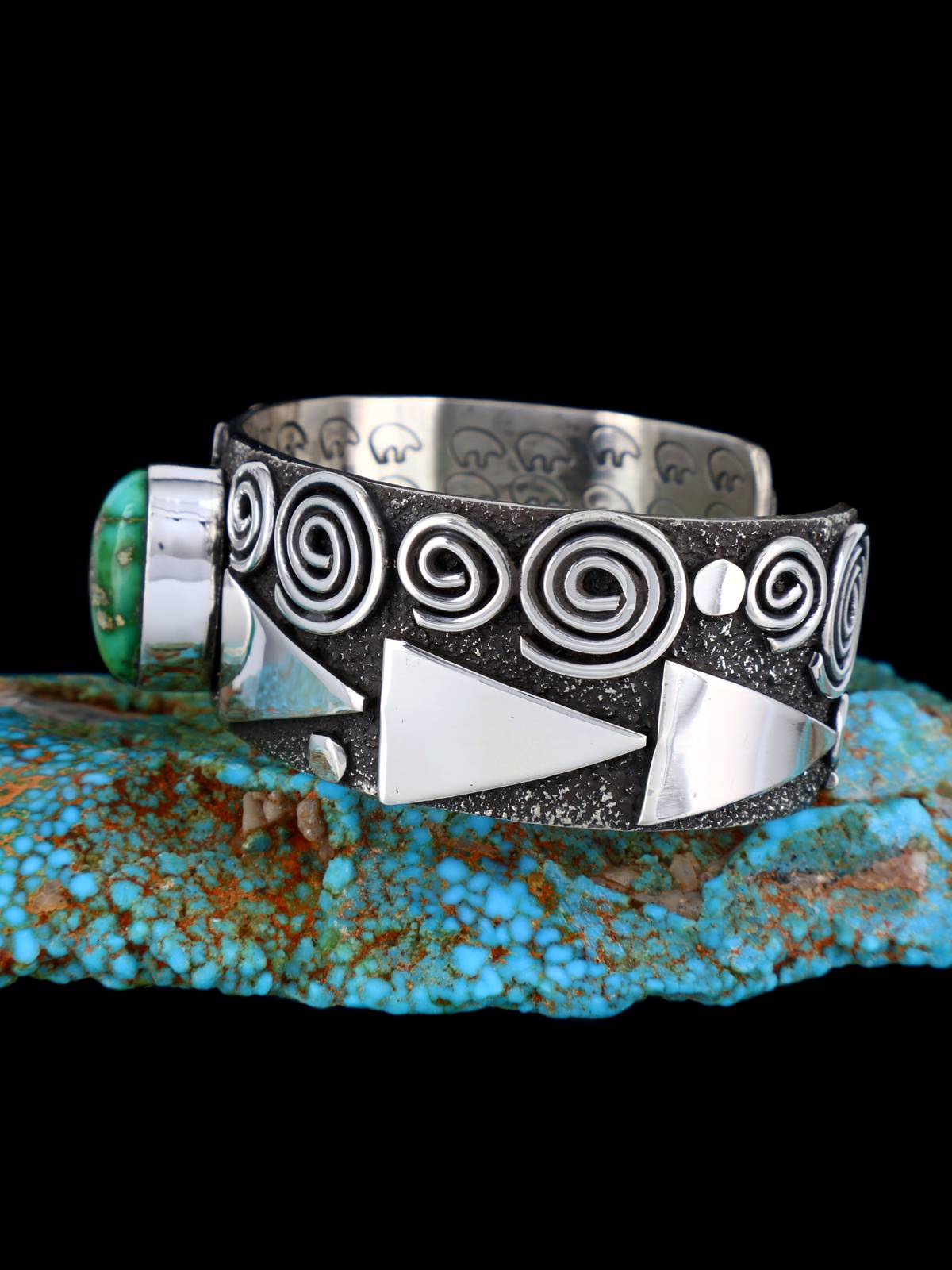 Navajo Sterling Silver Sonoran Gold Turquoise Petroglyph Cuff Bracelet - PuebloDirect.com