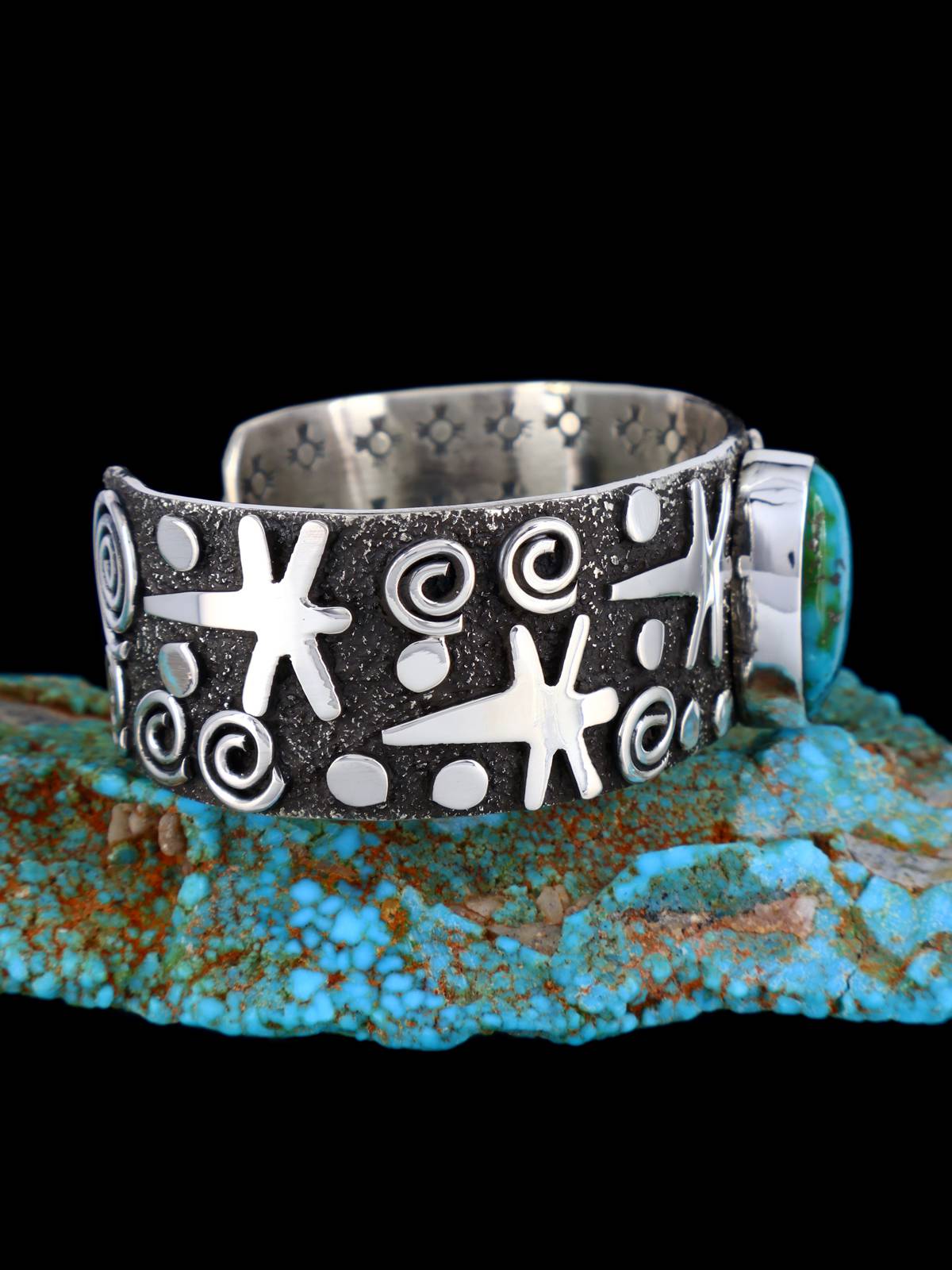 Navajo Sterling Silver Sonoran Gold Turquoise Petroglyph Cuff Bracelet - PuebloDirect.com