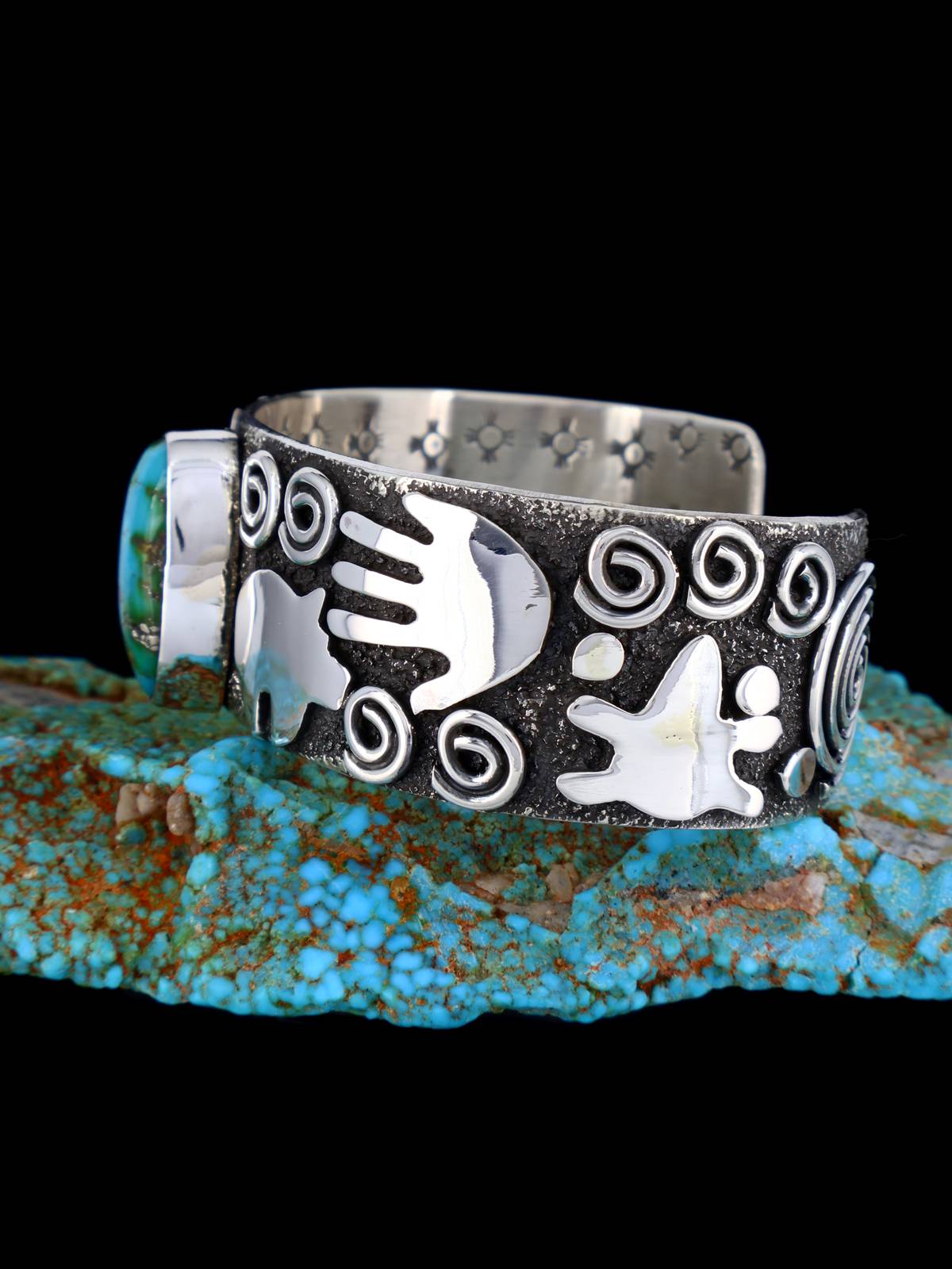 Navajo Sterling Silver Sonoran Gold Turquoise Petroglyph Cuff Bracelet - PuebloDirect.com