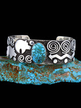 Navajo Sterling Silver Kingman Turquoise Petroglyph Cuff Bracelet - PuebloDirect.com