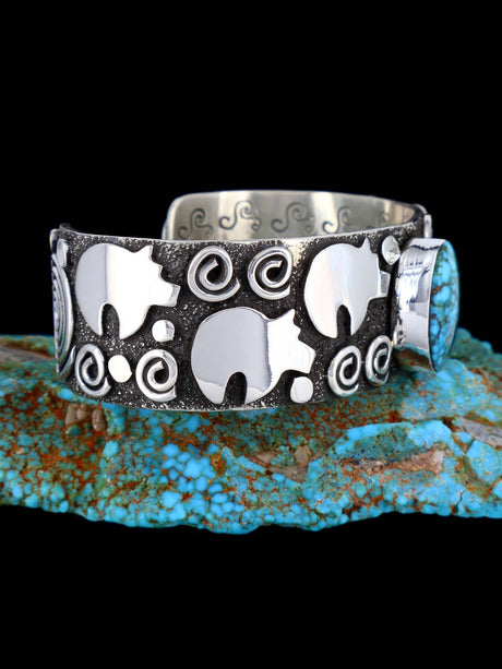 Navajo Sterling Silver Kingman Turquoise Petroglyph Cuff Bracelet - PuebloDirect.com